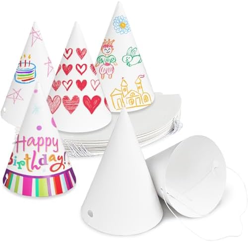 50 Pack White Paper Party Hats for Kids Birthday,White Cone Hats,Blank Party Hats for Art DIY,Painting,Halloween,Christmas Supplies(6.5 in)