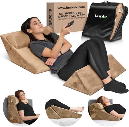 Lunix 3pcs Orthopedic Bed Wedge Pillow Set, Post Surgery Memory Foam for Back, Leg, and Knee Pain Relief, Adjustable Sitting Pillow for Sleeping, Acid Reflux, and GERD, with Hot Cold Pack, Brown