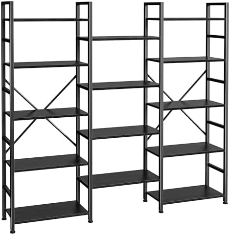 SUPERJARE Triple 5 Tier Bookshelf, Bookcase with 14 Open Display Shelves, Wide Book Shelf Book Case for Home & Office, Black
