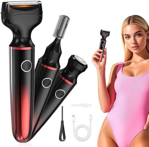 3-in-1 Electric Razors for Women, Rechargeable Bikini Trimmer for Women with Facial Hair Remover & Eyebrow Trimmer, Wet Dry Use, Waterproof Shaver for Sensitive Skin, Travel Lock(CherryRed)