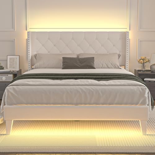 Full Size Bed Frame with Led Lights, Upholstered Velvet Platform Bed Frames with Button Tufted Wingback Headboard and Footboard, Wooden Slats Support, No Box Spring Needed, Beige