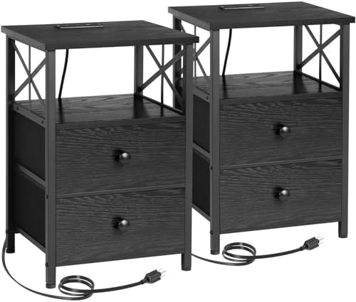 AMHANCIBLE Night Stand Set 2, Black Nightstand with Charging Station, End Tables Living Room with USB Ports and Outlets, Bedside Table with Fabric Drawers for Bedroom, HET05XBK