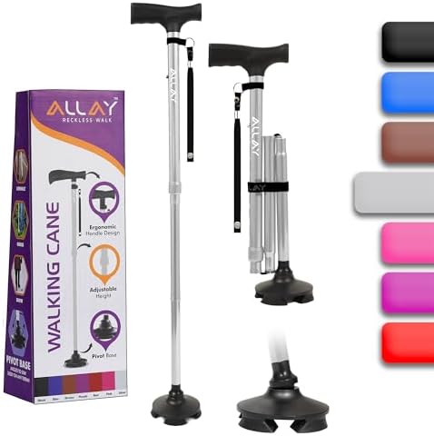 Allay Walking Cane for Men & Women - Foldable, Adjustable, Collapsible Walking Canes for Seniors Balance, Free Standing, Pivot Tip, Heavy Duty, with Travel Bag | Walking Sticks for Seniors & Adults
