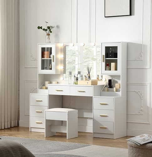 58.3'' Large Vanity with Folding Up Mirror and Lights,Makeup Vanity Desk with Mirror and Lights,Outlet, Chair and Two Makeup Organizers,Dressing Table for Bedroom,White