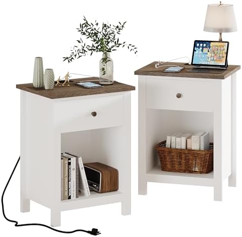 ChooChoo Farmhouse Nightstand Set of 2,Night Stand with Charging Station, Wooden Top Bedside End Table with Drawer and Storage Space for Bedroom, White
