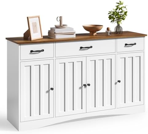 Gizoon Sideboard Buffet Cabinet with Storage, Modern Kitchen Sideboard and Coffee Bar with Drawers and Doors, Wood Buffet Table for Dining Room, 15.2" D x 55.1" W x 31.9" H, White/Rustic Brown