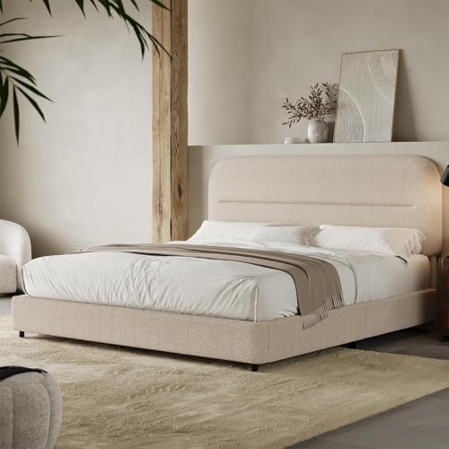 HOMBCK Bed Frame Queen Size, Boucle Upholstered Platform Queen Bed Frame with Headboard, Soft Headboard with Rounded Corners Design, Wood Slats, No Box Spring Required, Easy Assembly, Beige