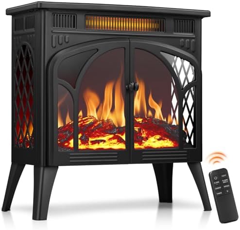 R.W.FLAME Electric Fireplace Heater 25" with Remote Control, Cathedral Stylish, Different Flame Effects and Log Set Colors, Adjustable Brightness and Heating Mode, Overheating Safe Design