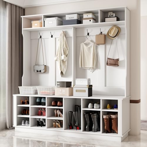 WOODTIME Extra Large Hall Tree with Bench and Shoe Storage, Multi-Purpose Entryway Bench with Coat Rack, Adjustable Shelves, 6 Double Hooks and 21 Open Compartments, White