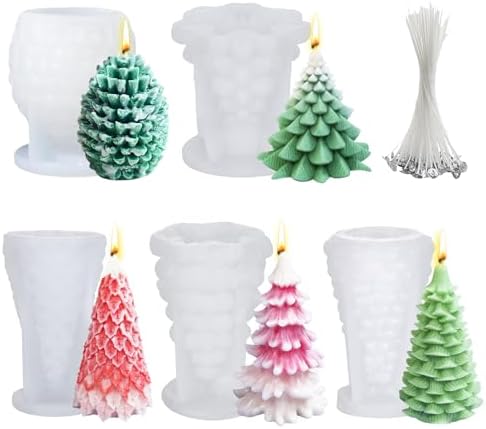 5 PCS 3D Christmas Tree Pine Cone Silicone Candle Soap Epoxy Resin Wax Mold Silicone Shapes Christmas Tree Mold For Candle Resin Soap Craft Cake Chocolate Making Kit Christmas Gift Decoration