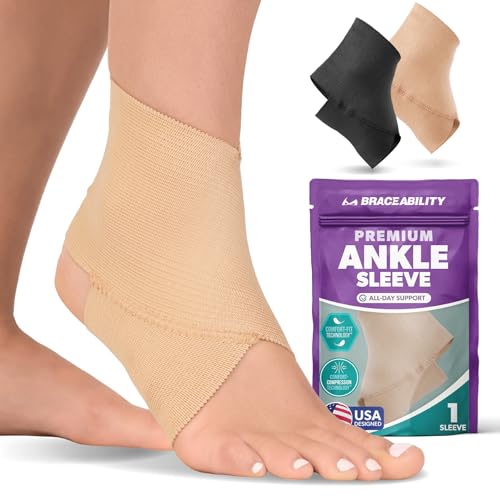 BraceAbility Elastic Ankle Support Brace - Lightweight Slip on Foot and Ankle Compression Sleeve for Gymnastics, Dance, Sports, Running, Exercise, and Sprained Ankle Swelling for Women and Men (Beige, 2XL)