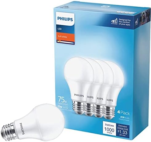 Philips LED Frosted Non Dimmable A19 Light Bulb - Pack of 4 - EyeComfort Flicker Free - 11W=75W - 1000 Lumen - Soft White (2700K) - E26 Base - Indoor