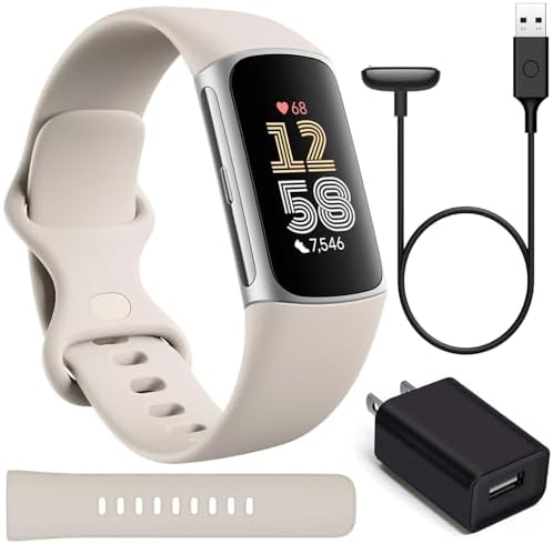 Fitbit Charge 6 Bundle Fitness Tracker Health Watch Power Bundle with Adapter (Porcelain/Silver) Fit Bit Smart Watches for Women & Men with Heart Rate Monitor, GPS and Activity Tracker