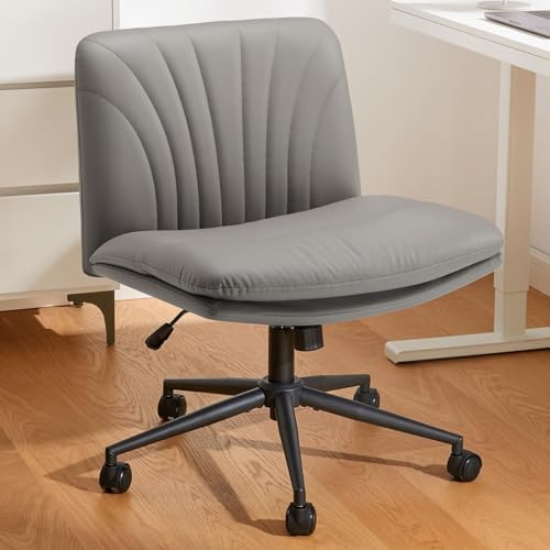 Marsail Armless-Office Desk Chair with Wheels: PU Leather Cross Legged Wide Chair,Comfortable Adjustable Swivel Computer Task Chairs for Home,Office,Make Up,Small Space,Bed Room, Grey