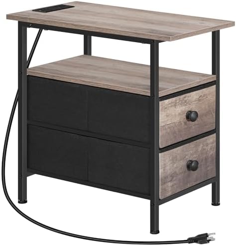 HOOBRO End Table with Charging Station, Narrow Side Table, Nightstand with 2 Non-Woven Drawers, Slim Sofa Side Table, for Small Spaces, Living Room, Bedroom, Greige and Black BG486UBZ01