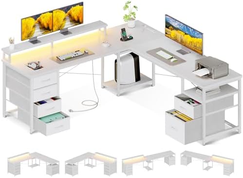 AODK 66" L Shaped Computer Desk, 113â€œ Reversible Home Office Desk with File Cabinet & 4 Fabric Drawers, Two Person Desk with LED Lights & Power Outlet, Corner Gaming Desk with Monitor Shelf, White