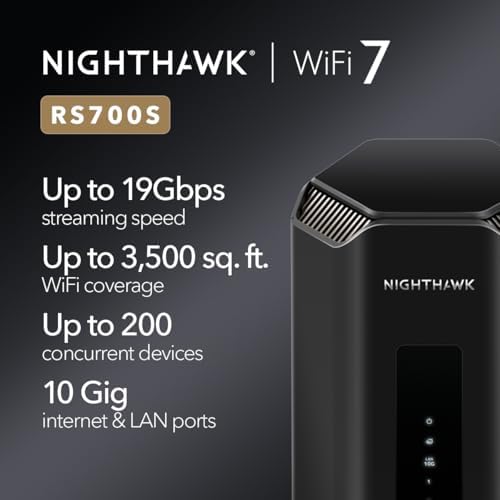 NETGEAR Nighthawk Tri-Band WiFi 7 Router (RS700S) - Security Features, BE19000 Wireless Speed (up to 19Gbps) – 10 Gig Internet Port - Covers up to 3,500 sq. ft., 200 Devices (Renewed)