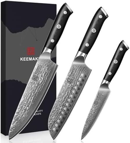 KEEMAKE Damascus Kitchen Knife Set 3 PCS, Sharp Knives Set for Kitchen, 67 Layers Damascus Chef Knives, Japanese Knife Sets with Full Tang Ergonomic Handle, Kitchen Knives for Meat Vegetable