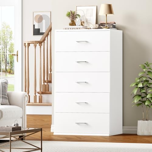 TTVIEW White Dresser, Chest of Drawers with Mental Handles, Tall White Dresser with 5 Drawers, Tall Dressers for Living Room, Kitchen, Entryway