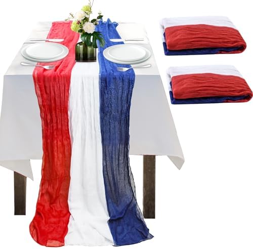 2PCS 4th of July Table Runner,Vintage Red White and Blue Table Runner Cheesecloth for Memorial Day Labor Day Independence Day Veterans Day Patriotic Party Decoration for Indoor Outdoor 118Inch