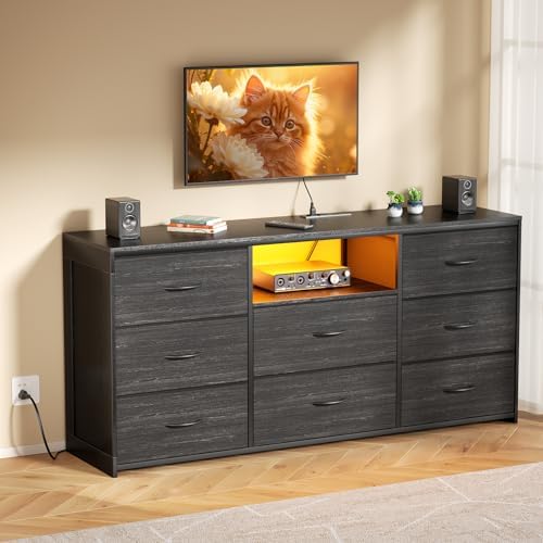 55'' Dresser for Bedroom with 8 Fabric Drawers, Wide Chest of Drawers with LED Lights & Charging Station, Long Wood Dresser TV Stand for Living Room, Hallway,Closet