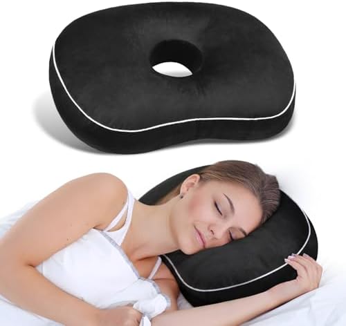 Ear Piercing Pillow for Side Sleepers with an Ear Hole for CNH and Ear Pain Ear Inflammation Pressure Sores, Cotton and Polyester Adjustable Filling Washable and Adjustable Ear Guard Pillow, Black
