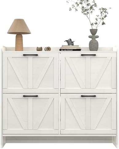 Shoe Cabinet with 4 Flip Drawers, Shoe Storage Cabinet for Entryway, Freestanding Hidden Shoe Cabinet Organizer with Open Storage, Narrow Shoe Rack with Legs, Oak White