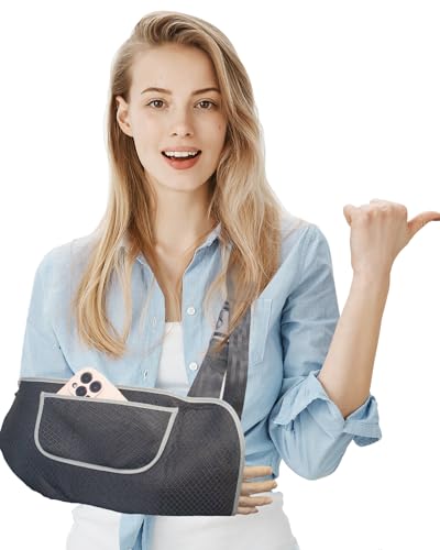Arm Sling, Upgraded Straps, Ultimate Comfort, Convenient Pocket, Arm Sling Shoulder Immobilizer for Shoulder Injury, Elbow Injury, Wrist Injury, Fractured Bones, Rotator Cuff Support (L,Black & Grey)