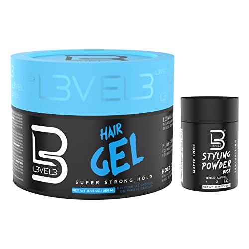 L3 Hair Gel with Sample Powder - Super Strong Hold - Flake Free - Long Lasting Shine - For Men and Women