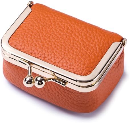 Genuine Leather Mini Jewelry Box - Vintage-Inspired Travel Jewelry Organizer with Kiss Lock, Compact Ring Box for Women, Perfect for Earrings, Rings, Necklaces, Bracelets (B Orange)