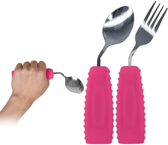 Adaptive Utensils Angled Spoon and Fork for Hand Tremors Parkinsons,Weighted Utensils with Non-Slip Easy Grip Handles for Independent Eating (1pcs Spoon+1pcs Fork=2 pcs,Pink,Left Hand)