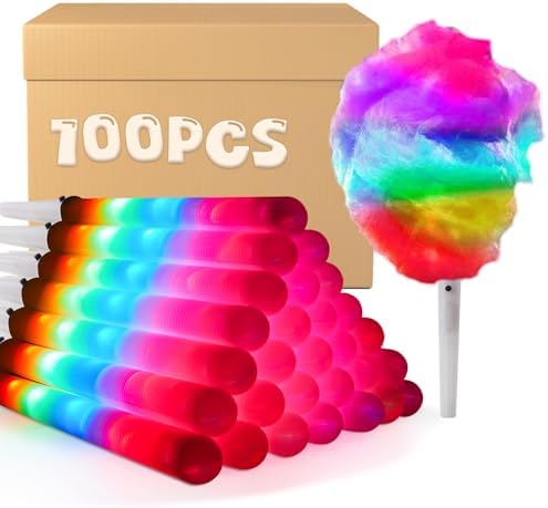 100 Pcs LED Cotton Candy Cones - Glowing Cotton Candy Sticks for Parties - Reusable & Waterproof Cotton Candy Holders - Vibrant Colors for Christmas, Birthdays & Events