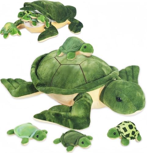 5 Piece Sea Turtle Stuffed Animal with Babies Inside, 12'' Mommy Stuffed Turtle Plush Pillow Toy with 3 Little Turtles Tortoise Toys for Kids Girls Boys Birthday Christmas Plush Gifts Party Favors