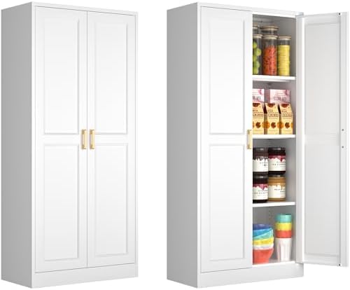 Kitchen Pantry Cabinet, 60 Inch Tall Pantry Storage Cabinet with Doors and Adjustable Shelves, Metal Storage Cabinet with Golden Handles for Dining, Living Room, Assembly Required, White