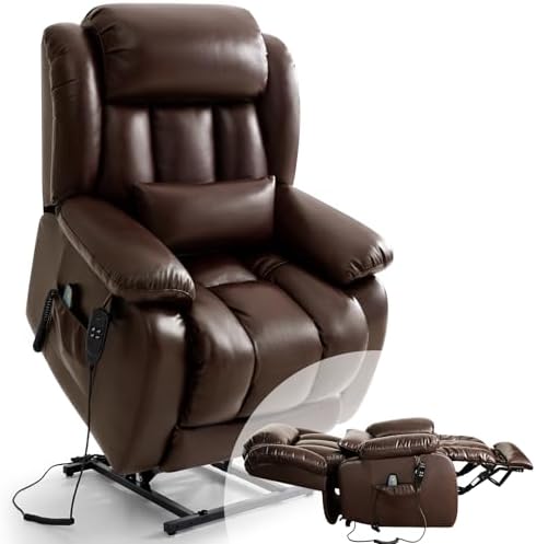 Infinite Position Lay Flat Lift Recliner Chair for Adults, Dual Motor Power Lift Chair for Elderly with Massage & Heating, Extended Footrest, USB Ports, Remote Control & Lumbar Pillow, Leather (Brown)