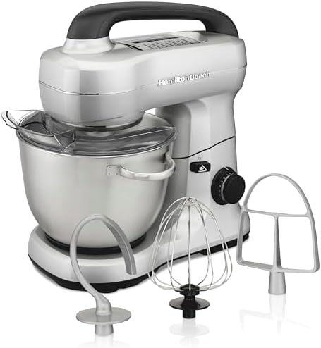 Hamilton Beach Electric Stand Mixer, 4 Quarts, Dough Hook, Flat Beater Attachments, Splash Guard, 7 Speeds with Whisk, Easy-Carry Top Handle, Silver