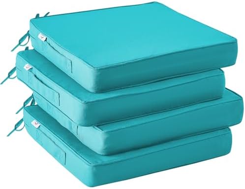 Outdoor Chair Cushions Set of 4,Waterproof Outdoor Seat Cushions for Patio Furniture,Patio Chair Cushion with Handle and Ties, Square Out Door Chair Pads,19" x 19" x 3", Teal