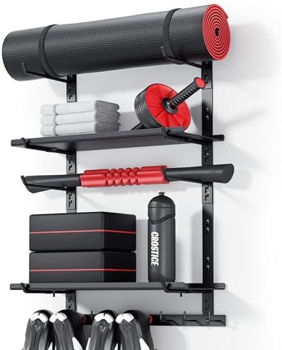 Home Gym Storage Shelf Only, Adjustable Gym Equipment Organizer Wall Mounted with 2 Boards, Yoga Mat Holder, Storage Rack Compatible with Peloton Shoes & Mat, Shelf for Home Training Accessories