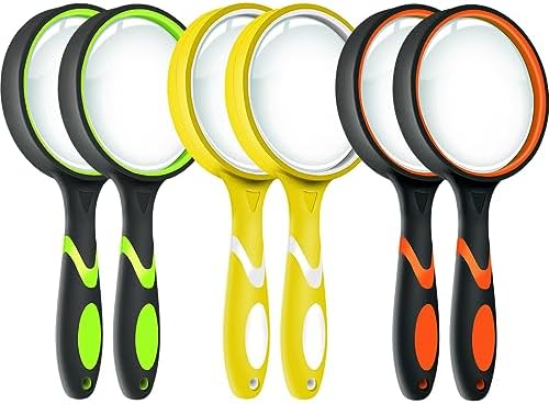 Leffis 6 Pack Magnifying Glass, 10X Non-Slip Handheld Reading Magnifier for Kids and Seniors, 75mm Magnifying Glass Lens for Reading, and Nature Exploration