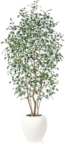 8FT Artificial Ficus Tree, Indoor Faux Ficus Plant with Realistic Leaves & Natural Wood Trunk, 8ft Tall, Green, All Seasons, Perfect for Living Room Home Decor