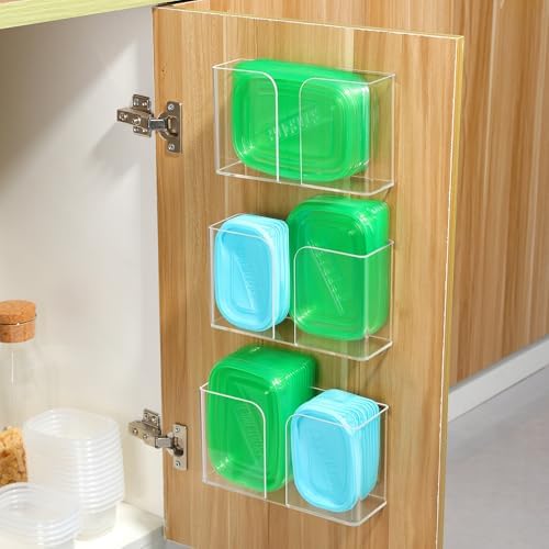 YIGII 3 Pack Acrylic Lid Organizers Inside Cabinet, Adhesive Cabinet Door Organizer for Tupperware Lid, Kitchen RV Pantry Organizers and Storage Heavy Duty Slim Plastic Wall Basket