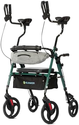 ELENKER Upright Rollator Walker, Stand Up Walkers for Seniors with Armrest, Front Pouch, 10”Wheels, Sponge Padded Seat and Backrest, Fully Adjustment Frame, Green