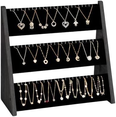 Necklace Organizer, 3-Tier Necklace Holder Jewelry Organizer Stand with Velvet, Wood Necklace Jewelry Display Stand, Necklace Display Stands for Selling 72 Necklaces Bracelets (Black)