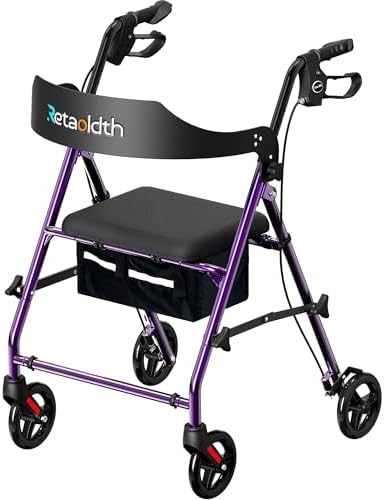 Foldable Rollator Walker with Seat for Seniors, All-Terrain Wheels, 350lb Capacity, Reinforced Inner Metal Rod for Easy Folding & One-Hand Carry, Lightweight Rolling Walker - Purple