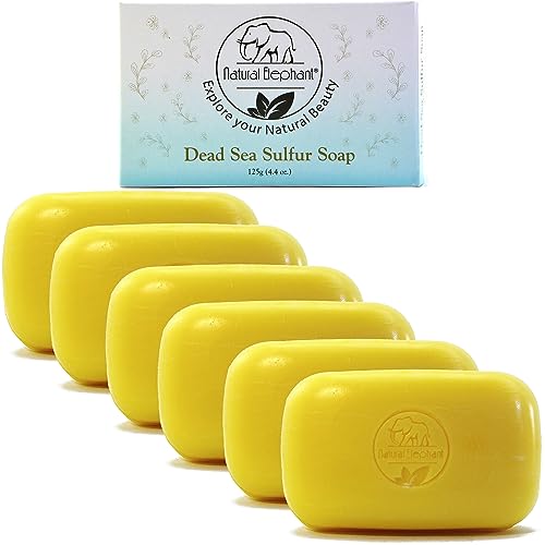 Natural Elephant Dead Sea Sulfur Soap 4.4 oz with Dead Sea Salt, Aloe Vera, Sulphur Face and Body Cleanser Bar for All Skin Types (6 Pack (26.4 oz Total))