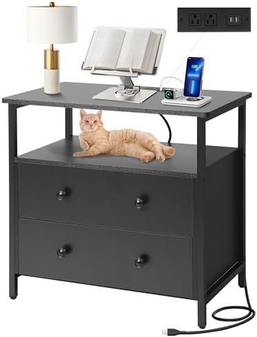 27 inch Wide Night Stand with Charging Station, Bedside Table with Open Shelf, 2 Drawers Small Wood Dresser, Modern Wood Nightstand for Bedroom/Living Room (Black)
