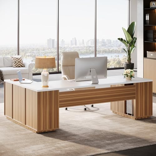 Tribesigns 85.8-Inch L-Shaped Executive Desk with File Drawers, Door Cabinet & Shelves, Extra Large Commercial Office Desk, Modern Professional Office Table, White & Brown Business Furniture