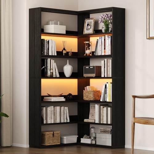 4 EVER WINNER Corner Book Shelf with LED Lights, 71” High Coner Bookshelf with Storage for Living Room, Study Room, Modern Storage Display Industrial L Shaped Bookshelf, Black