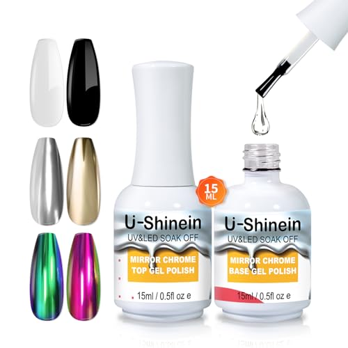 15ml Top Coat and Base Coat Set for Metallic Mirror Painting Gel, No Wipe Clear Top and Base Coat for Nail Polish, Chrome Nail Powder