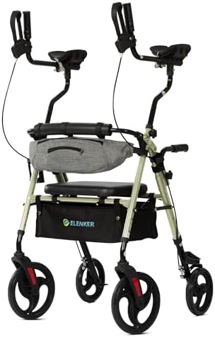 ELENKER Upright Rollator Walker, Stand Up Walkers for Seniors with Armrest, Front Pouch, 10”Wheels, Sponge Padded Seat and Backrest, Fully Adjustment Frame, Champagne